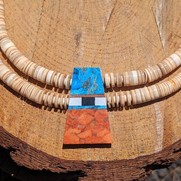 Hopi Shell Beads Necklace Inlay Turquoise Pendant Native American Handmade*** - Picture 8 of 10